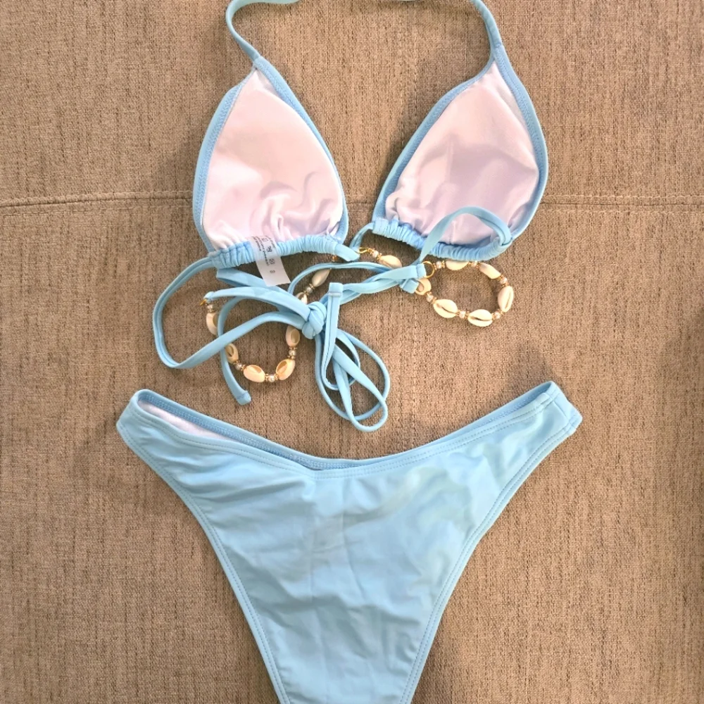 Light Blue Bikini with Shell Ribcage Chain Accents Sz Small A cup Top, 26" NWOT - Picture 5 of 6